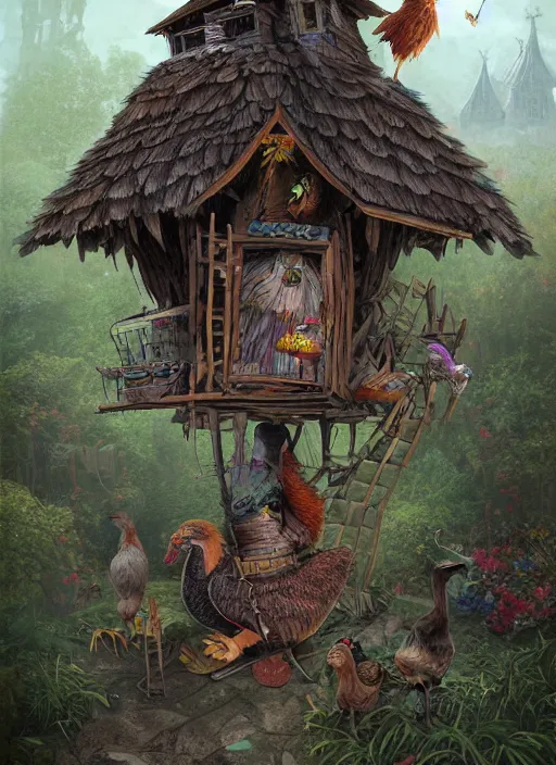 Prompt: highly detailed matte painting of the hybrid anthropomorphic baba yaga witch's shack sitting on top of very giant tall chicken legs with chicken feet, from the russian fairy tale, 8 k resolution, by android jones