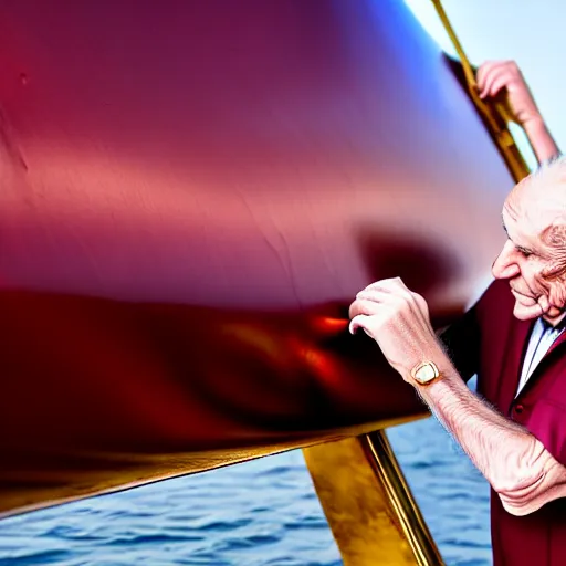 Image similar to wrinkled hunchbacked old man in musty burgundy suit, polishing painting the side of a huge gold plated mega yacht with a cloth, maintenance photo