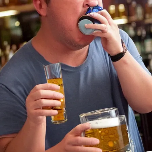 Image similar to man with down syndrome chugging beers photorealistic