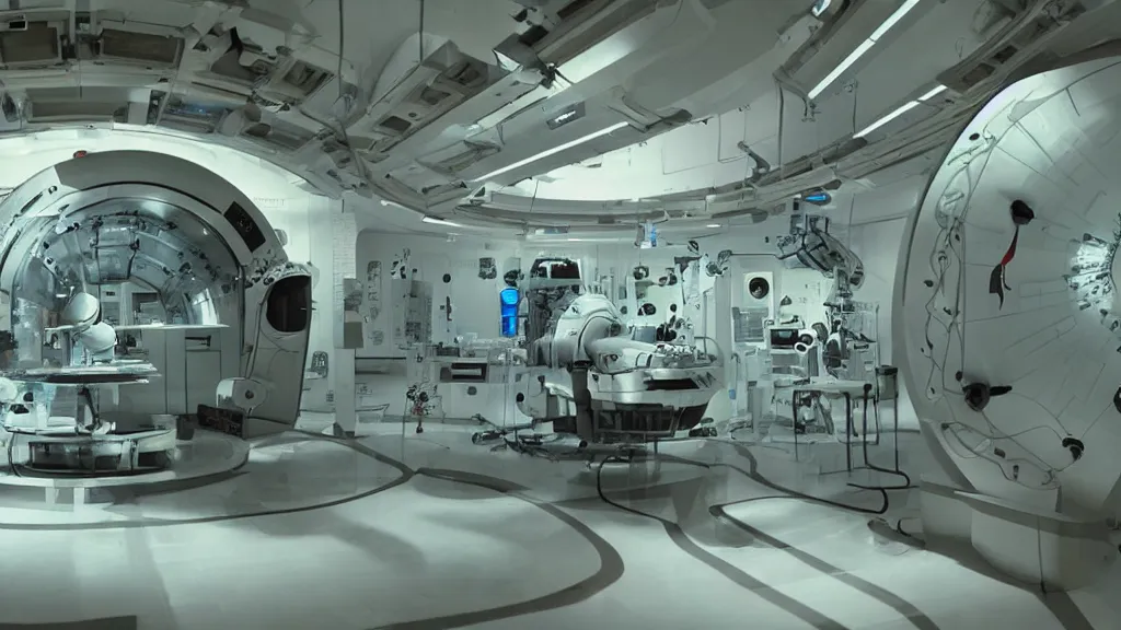 Image similar to a huge octo mri machine and control panels in the inspection room, film still from the movie directed by denis villeneuve with art direction by salvador dali, wide lens