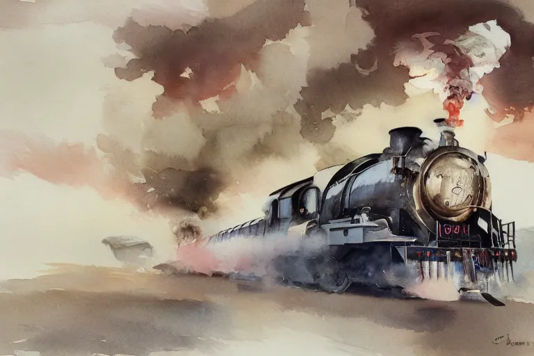 Image similar to small centered on watercolor paper, paint brush strokes, abstract watercolor painting of steam train voyage, cinematic light, national romanticism by anders zorn, by hans dahl, by jesper ejsing, by greg rutkowski, by greg manchess, by tyler edlin, by craig mullins