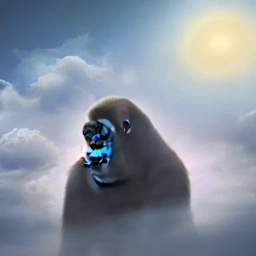 Prompt: the ghost of Harambe peering through the clouds, mystical vision, spiritual awakening, blessed and based,