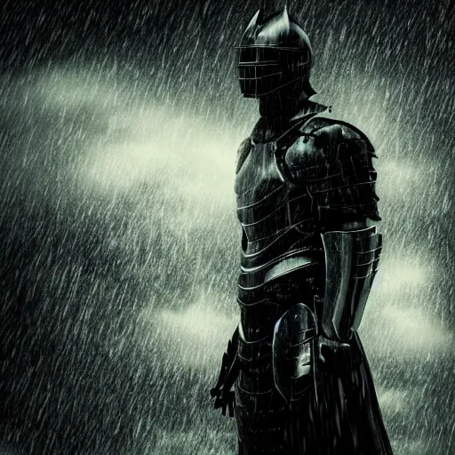 Image similar to dark armor knight in a thunderstorm, epic scene, cinematic, ultra photorealistic, 8k,