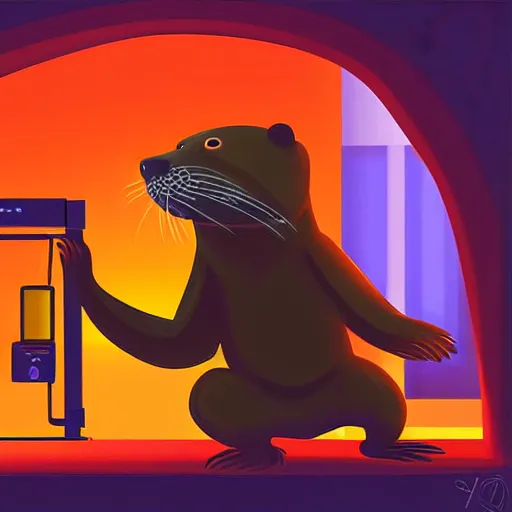 Prompt: an anthropomorphic otter wearing an orange jumpsuit facing a dark mist in a laboratory,dramatic,digital art,detailed