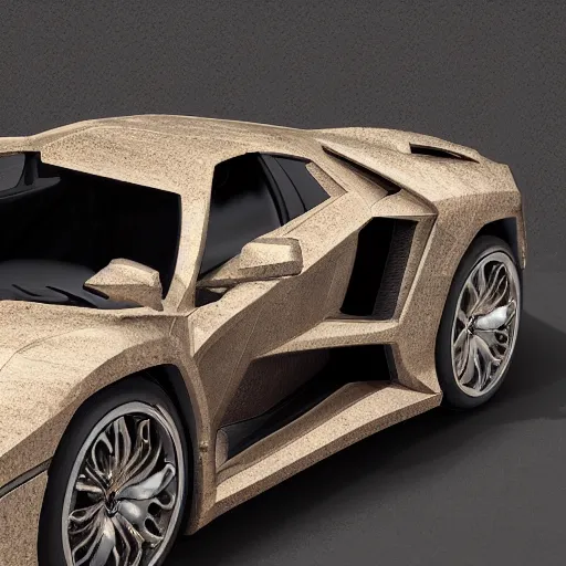 Image similar to lamborgini made of stone, inka style, hyper - realistic, very detailed, ray tracing, 8 k resolution, long - shot, sharp focus, low angle, 3 5 mm photograph, wide lens