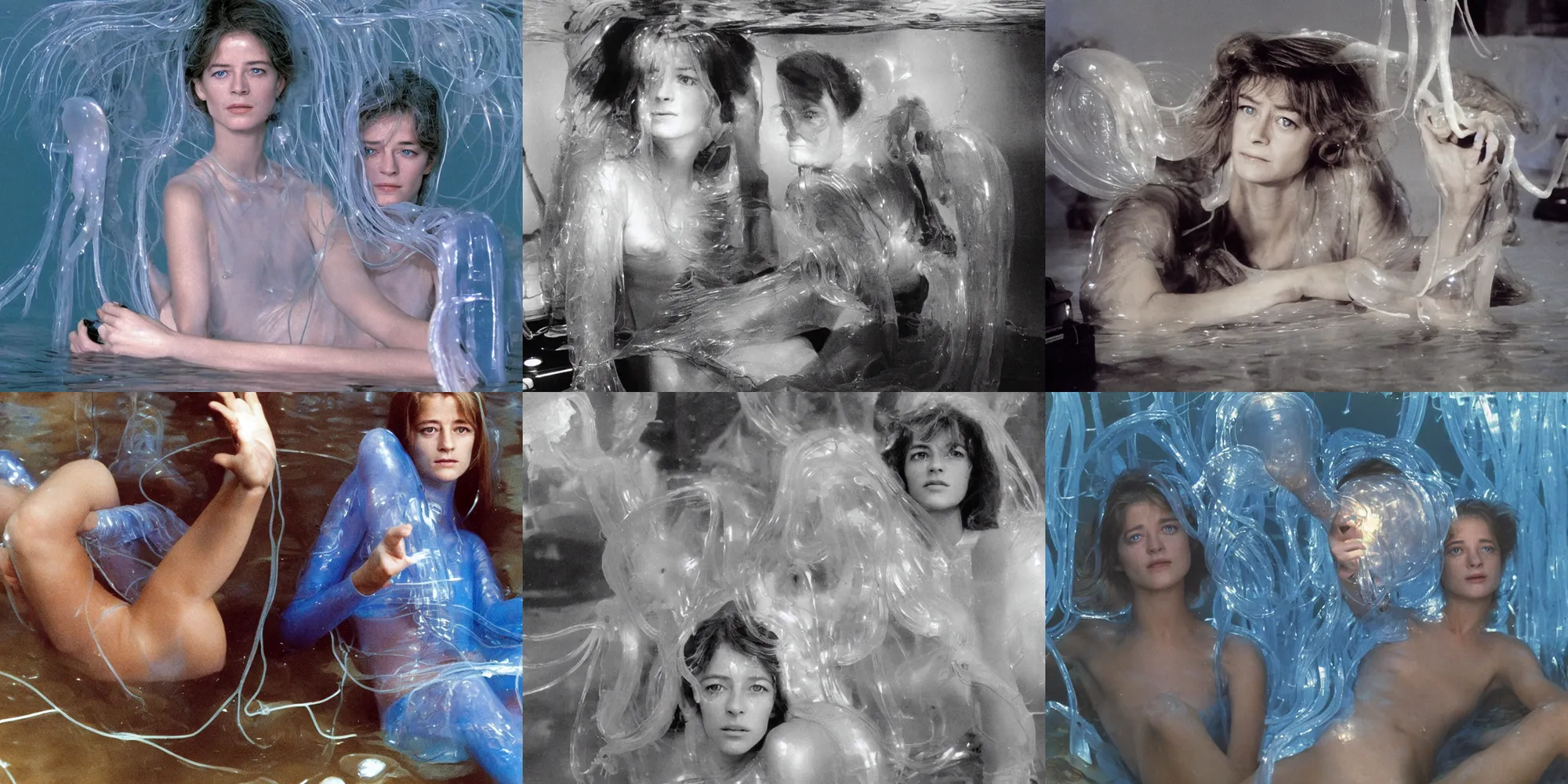 Prompt: selfie photo : (subject= 'young adult Charlotte Rampling' + subject detail= vivacious jellyfish human hybrid species wearing transparent jellyfish blue roman armor), reclining inside of a flooded unlit hoarders house with a glowing soviet computer console