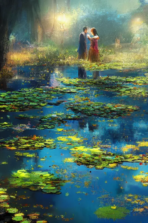 Image similar to nenufar in a pond, colorful, blue backgroung,clean, joyful, intricate, elegant, volumetric lighting, scenery, digital painting, highly detailed, artstation, sharp focus, illustration, concept art, ruan jia, steve mccurry