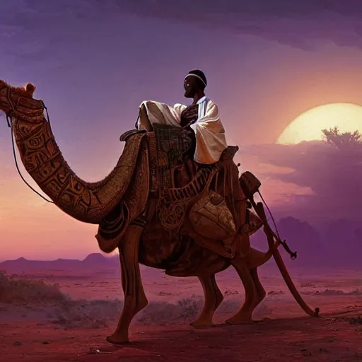 Image similar to an african moor wearing white robes riding a steampunk camel into a lush desert oasis with a reflective pond, by greg rutkowski and android jones, oil on canvas, 8k, synthwave sunset