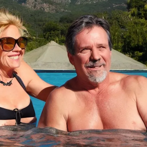 Image similar to photo of a 6 0 year old man that looks young for his age dating a very attractive and 5 5 year old woman wearing a bikini.