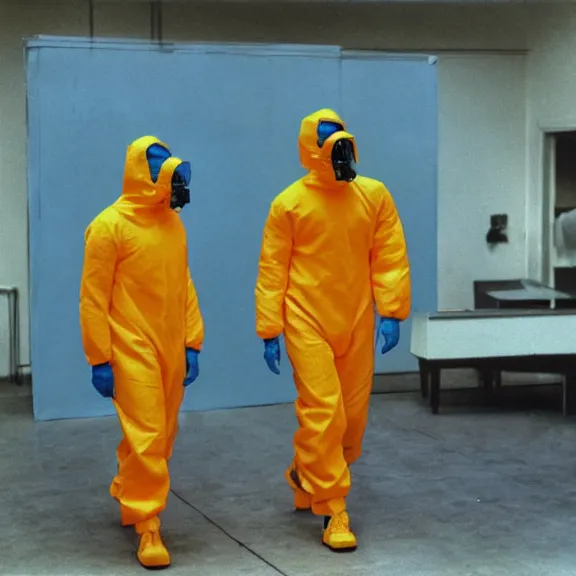 Prompt: two scientists wearing neon blue and orange rick owens hazmat suits with their hands in their pockets escaping the neon event horizon by frank frazetta