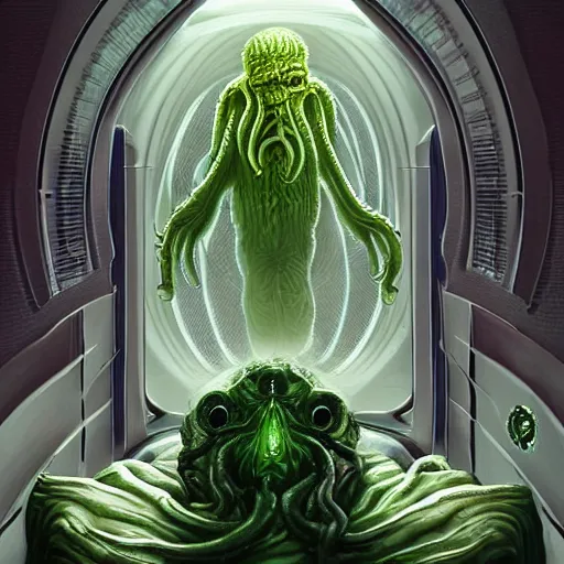 Image similar to scientists watching a clone of cthulhu in culture capsule, bio chemical illustration, hyperealistic, detailed photography, divinity, awful, religious art, sci - fi, green light