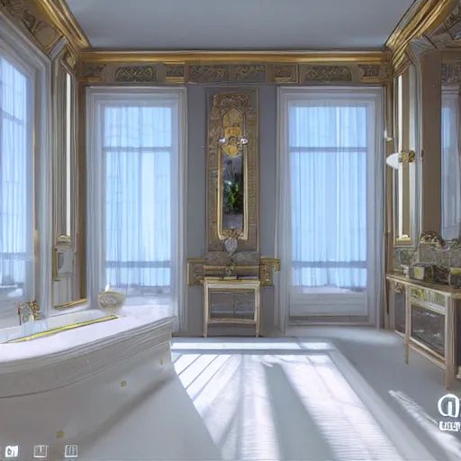 Prompt: vaporwave bathroom, liminal space, high detail, rendered in unreal engine, 3d render, god rays, volumetric lighting, mansion, fancy interior, large windows, white diamonds