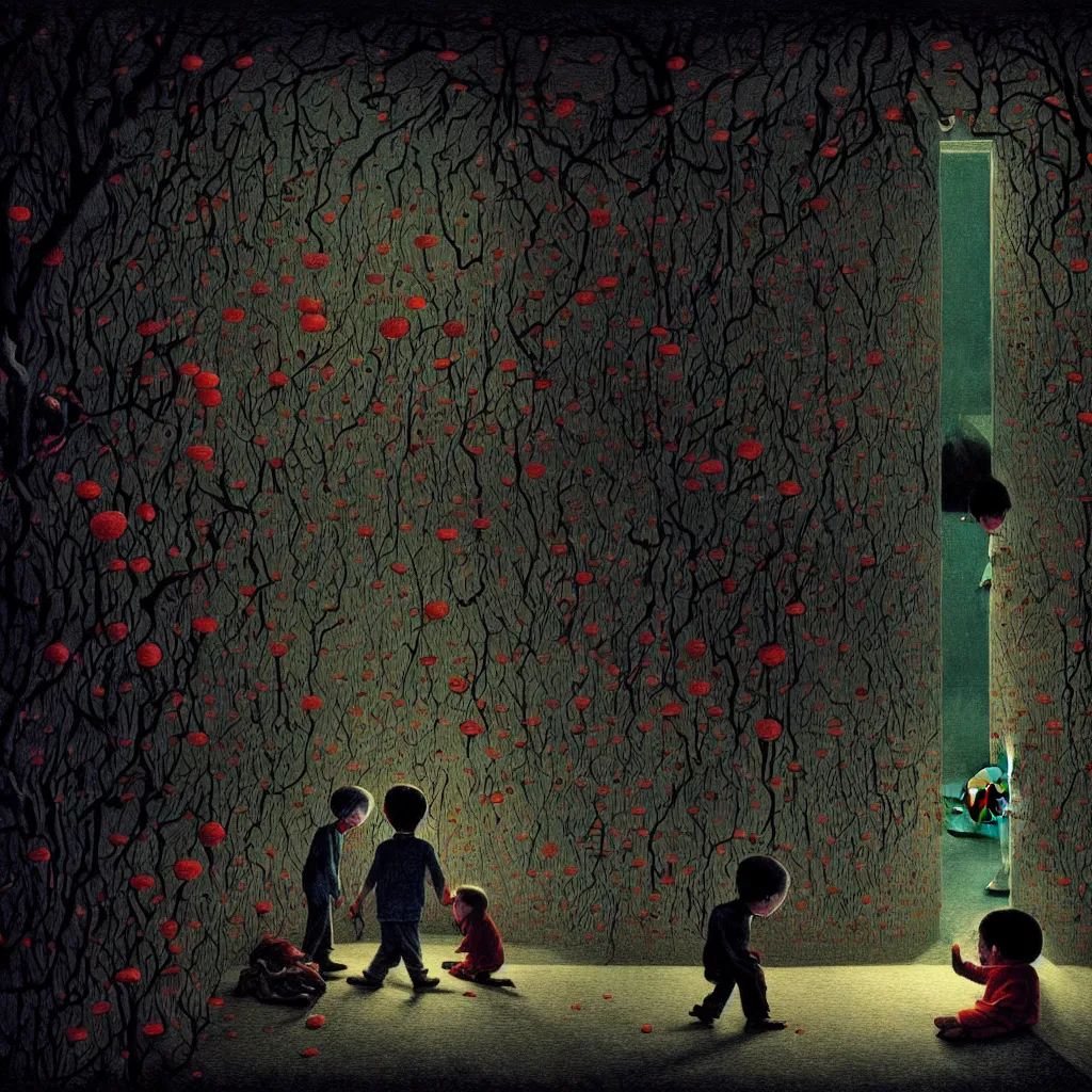 Image similar to terrifying artwork from a children's book depicting the dark and disturbing events of a very special boy's very special day by roger deakins. high detail, lush coloful surrealistic nightmare, detailed illustration, sharp focus, artstation, beautifull, illuminated, extremely lifelike