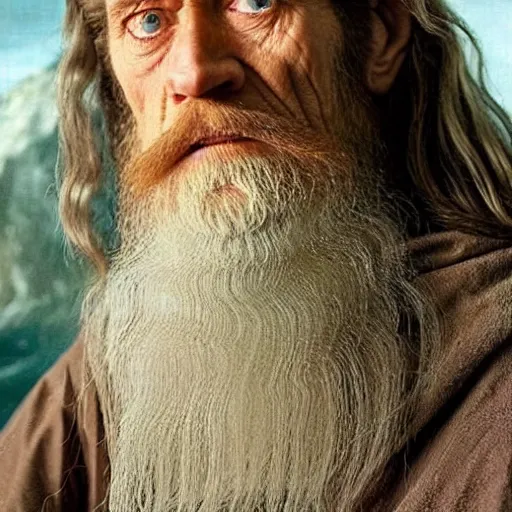 Image similar to bearded willem dafoe is gandalf in lord of the rings renaissance painting