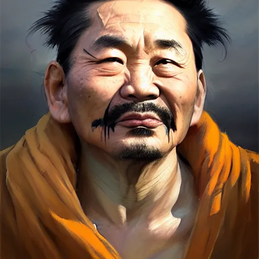 Prompt: Greg Manchess portrait painting of a chinese 60 year old character, soul patch, facial tattoo, long hair, medium shot, asymmetrical, profile picture, Organic Painting, sunset dark dramatic, matte painting, bold shapes, hard edges, street art, trending on artstation, by Huang Guangjian and Gil Elvgren and Sachin Teng