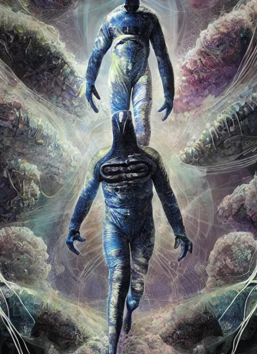 Image similar to astronauts in the dark infinite underwater void - complex and hyperdetailed technical suit, fabric material. reflection and dispersion materials. rays and dispersion of light. volumetric light. wide angle, f / 3 2. noise film photo. flash photography. ultra realistic, wide angle. poster by wayne barlowe, hajime sorayama aaron horkey, craig mullins