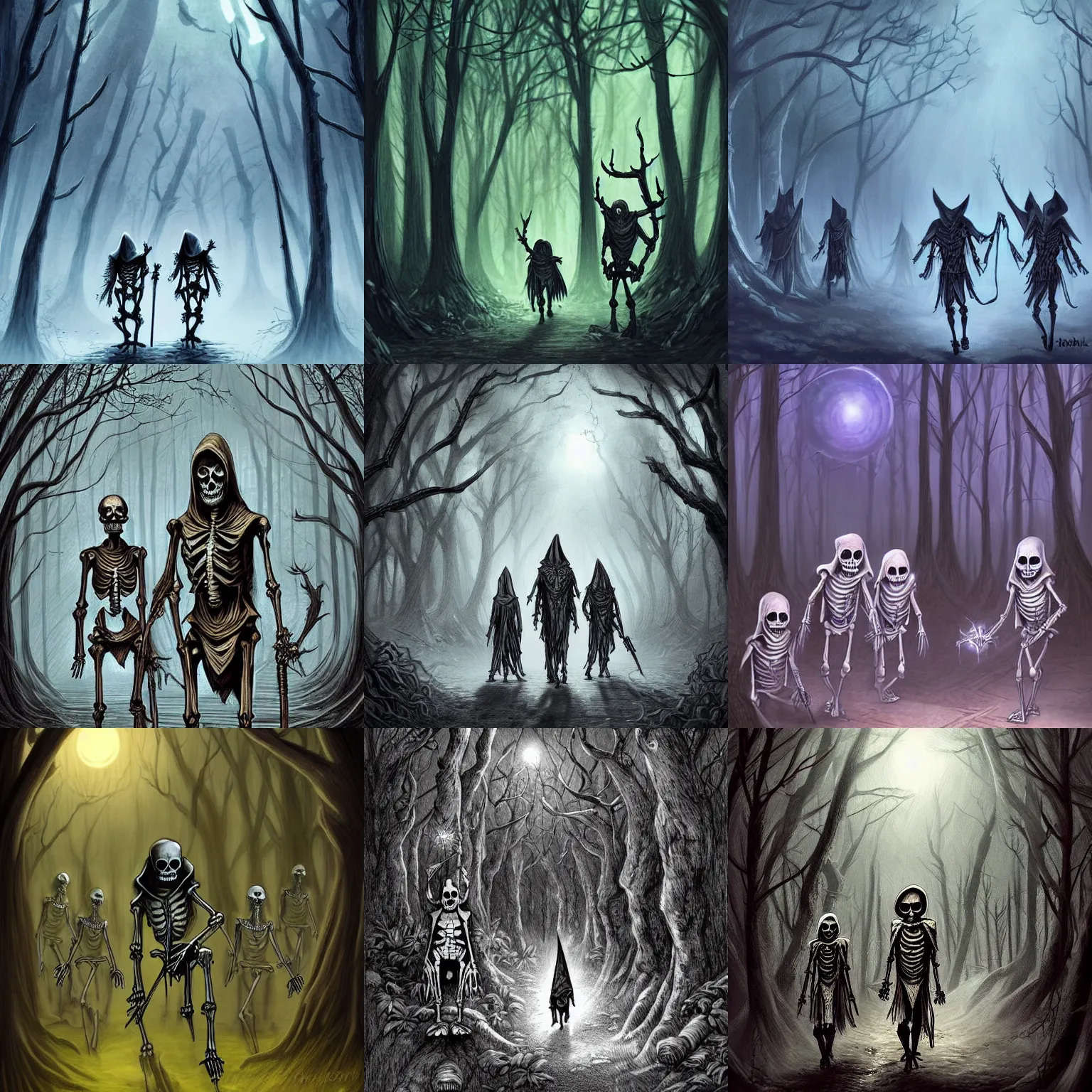 Prompt: skeletons with hoodies walking in an elven forest at night, dnd, dramatic, fantasy art