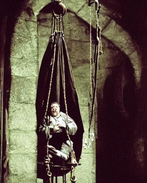 Image similar to color Photograph of Charles Laughton dressed as Quasimodo swinging from a Bell Tower, atmospheric, cinematic