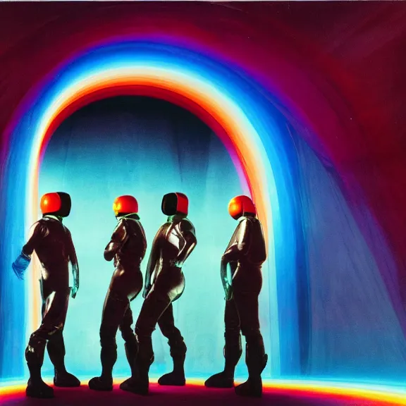 Prompt: the emperors of time wearing techno visors and red rick owens flight suits with their hands behind their backs inside the glowing geometric rainbow portal to the sixth dimension by frank frazetta