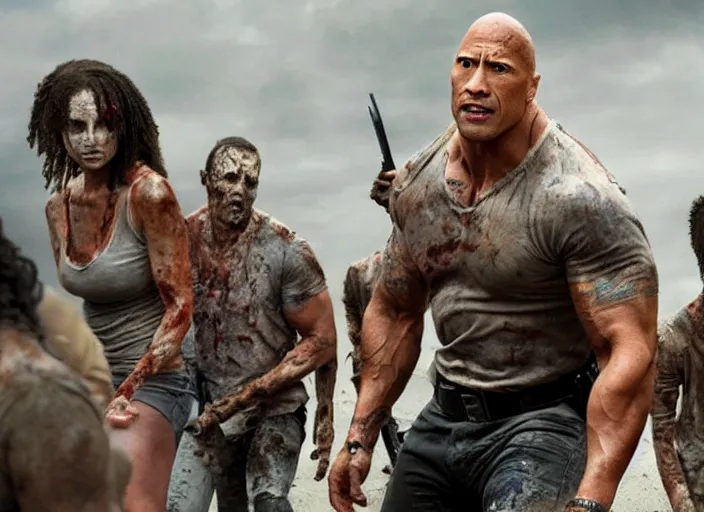 Prompt: film still of dwayne the rock johnson surrounded by zombies in the new walking dead tv series, 4 k
