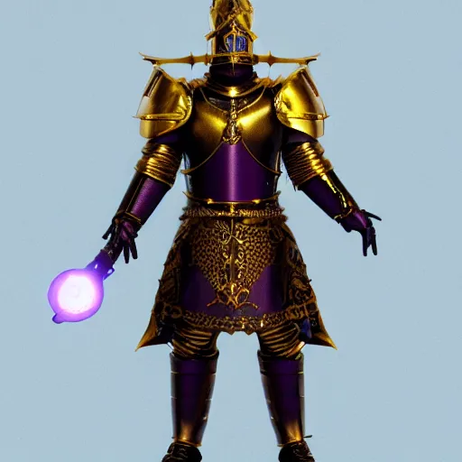 Prompt: a highly detailed knight with glowing purple eyes in a golden helmet and a golden crown with a diamond in the center, golden armor, leather clothes under the armor, leather gloves, holds a black sword, artstation, DeviantArt, professional, octane render, sunset lighting