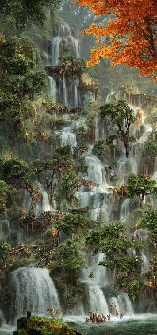 Prompt: wooden elven City with golden roofs, arches and bridges on top of a WATERFALL in the fall, gnarly trees, lush vegetation, forrest, a small stream runs beneath the waterfall, landscape, raphael lacoste, eddie mendoza, alex ross, john howe, concept art, matte painting, highly detailed, rule of thirds, dynamic lighting, cinematic, detailed, denoised, centerd