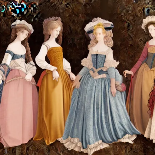 Image similar to group of Young ladies full length shot wearing renaissance dresses in the style of baroque manga realism 8K, background chaotic