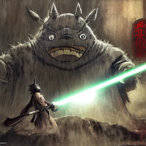 Image similar to totoro jedi slaying a sith lord, intricate detail, royo, klimt, miro, vallejo, frazetta, giger, whealan, hd, unreal engine,