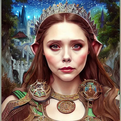 Image similar to Elizabeth Olsen as a elf archer, cute, fantasy, intricate, elegant, highly detailed, centered, digital painting, artstation, concept art, smooth, sharp focus, illustration, art by artgerm and H R Giger and alphonse mucha