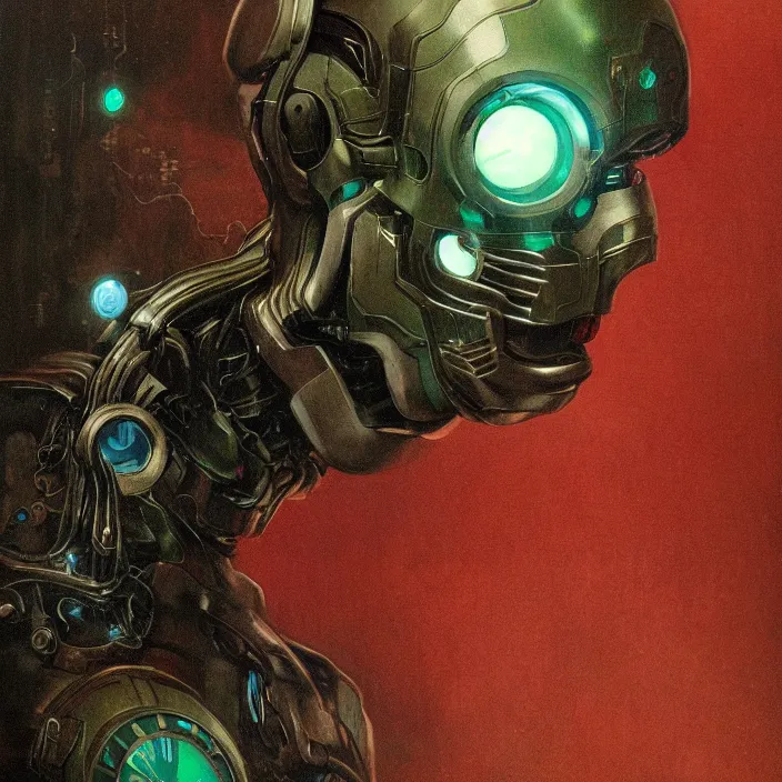 Image similar to portrait of a green Ultron from Age of Ultron, clockwork steampunk, head and chest only, by Beksinski, 4k, deviantart, trending on artstation