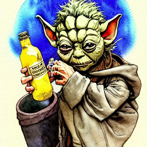 Prompt: a realistic and atmospheric watercolour fantasy character concept art portrait of a sleazy homeless chibi yoda wearing a wife beater drinking out of a broken bottle, by rebecca guay, michael kaluta, charles vess and jean moebius giraud