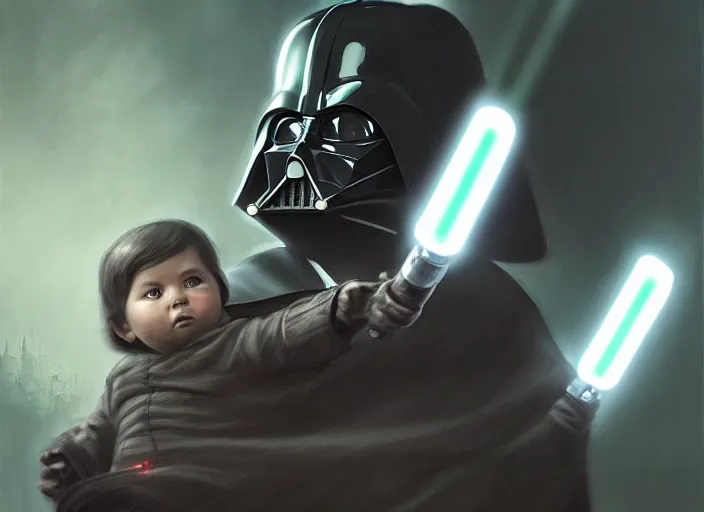 Image similar to a dramatic highly detailed render of darth vader with lightsaber drawn facing off against a cute baby corgi, futuristic star wars vibe, by WLOP and Artgerm and Greg Rutkowski and Alphonse Mucha, Beautiful dynamic dramatic dark moody lighting, shadows, cinematic atmosphere, Artstation, concept design art, Octane render, 8K, masterpiece, sharp focus, hyperrealistic