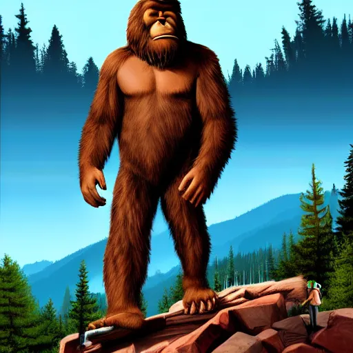 Prompt: Bigfoot at the top of a mountain, scenic view, holding a beer!!, digital art, gta 5 cover art, trending on artstation