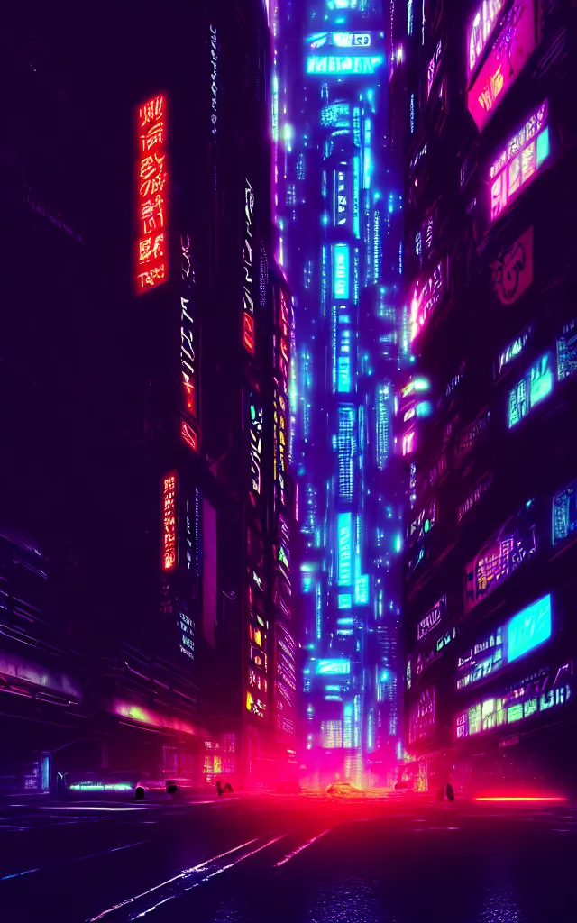 Prompt: a magnificent dark neon futuristic cyberpunk city bustling street at night concept art by liam wong in the film akira rendered in octane, 3 d render, trending on cgsociety, blender 3 d