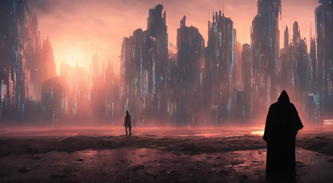 Image similar to a singular cloaked figure standing in the foreground of a cyberpunk landscape, synth, puddles, sunrise