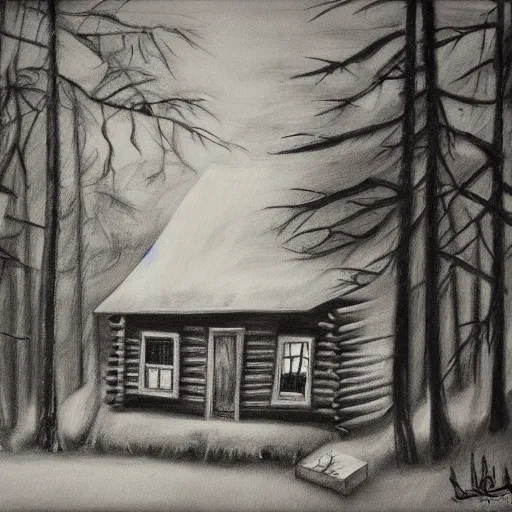 Prompt: a painting of a eerie cabin in the middle of the woods in the style of a charcoal sketch