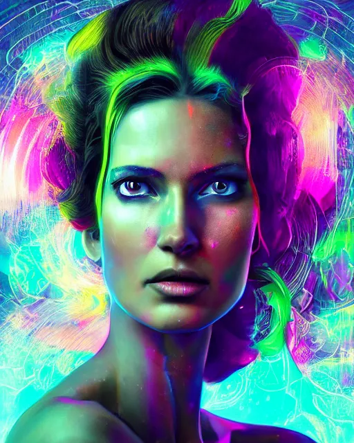 Image similar to a powerful energy psychedelic woman, by alexander fedosav, hyper detailed digital matte painting, concept art, hyperrealism, 1 6 k resolution, cinema 4 d, 8 k resolution, trending on artstation, behance hd, a masterpiece, by stephan martiniere, particles, cel - shaded, power bright neon energy, by david a. hardy,