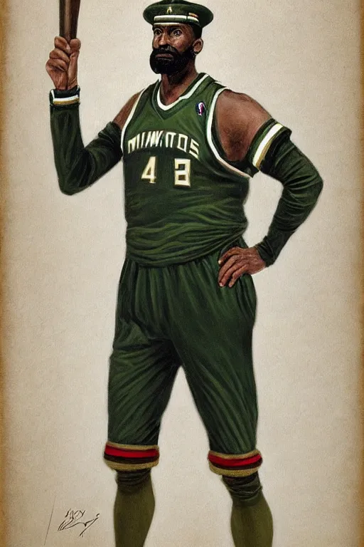 Image similar to full body portrait of the dictator of the milwaukee bucks, 1 8 8 9, in full military garb, on canvas by william sidney mount, trending on artstation