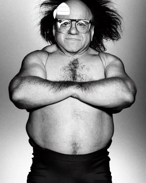 Prompt: danny devito as a wrestler. photographic, photography