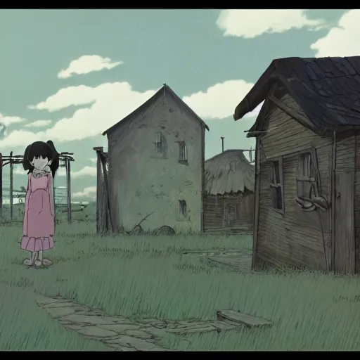 Image similar to ghost of a young girl, a burnt out village, photorealism, cel shaded, studio ghibli, hayao miyazaki