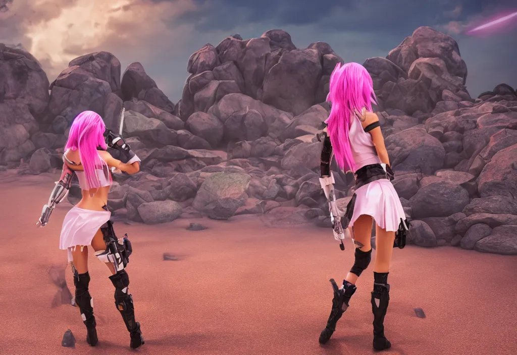Image similar to cosplay pink haired, tanned colombian, solo female character, light platinum armour, miniskirt, driving military motorbike, in fantasy rocky sand desert landscape, large arched rocks, city lights, depth of field, atmospheric, final fantasy, cinematic, realistic, stylised, unreal engine, lumen, realistic,