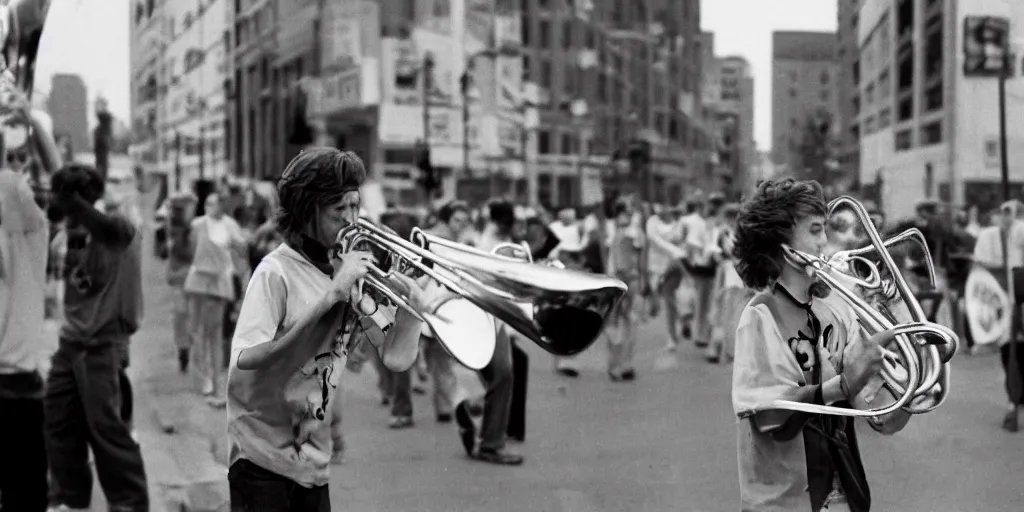 Image similar to a fiery redhead teen plays the trombone in the streets of a kansas city in 1990