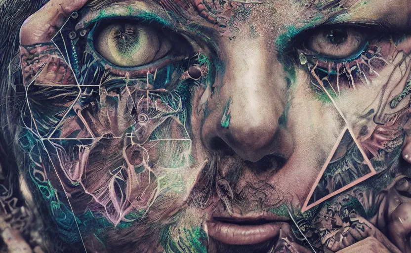 Image similar to hyperrealistic hyper detailed neo-surreal close-up 35mm portrait of levitating psychedelic shaman covered in geometric tattoos rococo matte painting concept art high saturation very dramatic lighting low angle hd 8k sharp shallow depth of field