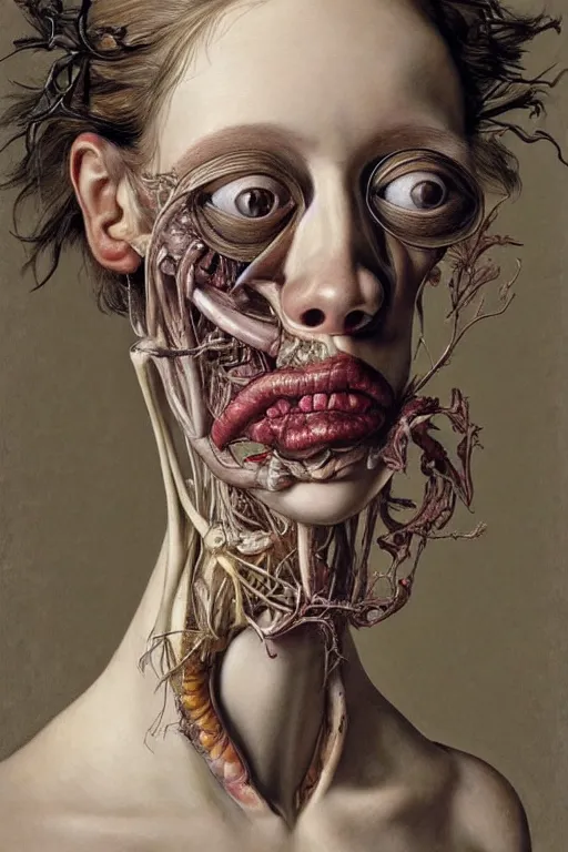 Image similar to Detailed maximalist portrait with large lips and eyes, scared expression, botanical anatomy, skeletal with extra flesh, HD mixed media, 3D collage, highly detailed and intricate, surreal illustration in the style of Jenny Saville, dark art, baroque, centred in image