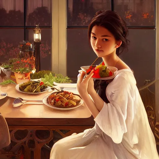 Image similar to a dinner date with the girl next door, slice of life, varying ethnicities, modern, realistic, looking at the camera, enjoying life!!! elegant, highly detailed, digital painting, artstation, concept art, matte, sharp focus, illustration, art by artgerm and greg rutkowski and alphonse mucha