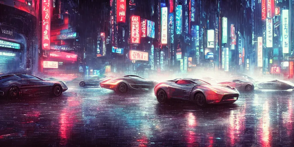 Prompt: close up macro shot of a futuristic cars on wet tokyo street at night, intricate, hyper detailed, smooth, high contrast, neon, volumetric lighting, octane, moebius, greg rutkowski, blade runner, ridley scott, cinematic