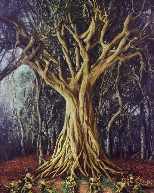 Prompt: satanic masked ritual, large ancient tree, ultra high definition, hyperrealism, masterpiece 8 k, oil painting