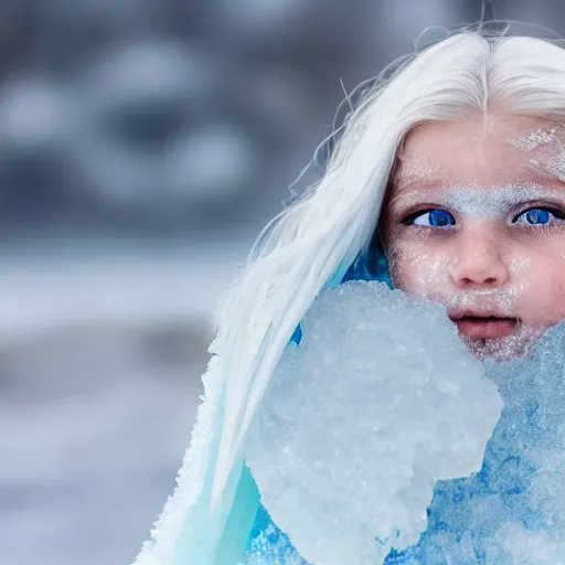 Prompt: ice dust around a frozen girl with white hair and blue eyes on the seashore, In detail