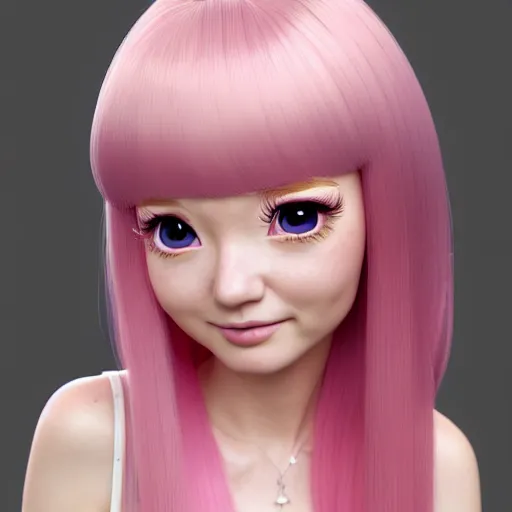 Image similar to A portrait of Nikki from Shining Nikki and Love Nikki, a cute 3d cgi toon young woman with long light pink hair, full bangs, hazel eyes, full round face, light makeup, pale skin, Chinese heritage, medium shot, mid-shot, hyperdetailed, 8k, trending on artstation, as a Pixar character