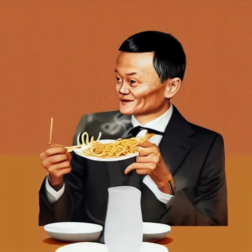 Image similar to a photorealistc digital art of jack ma eating noodles, award winning photography, trending on artstation